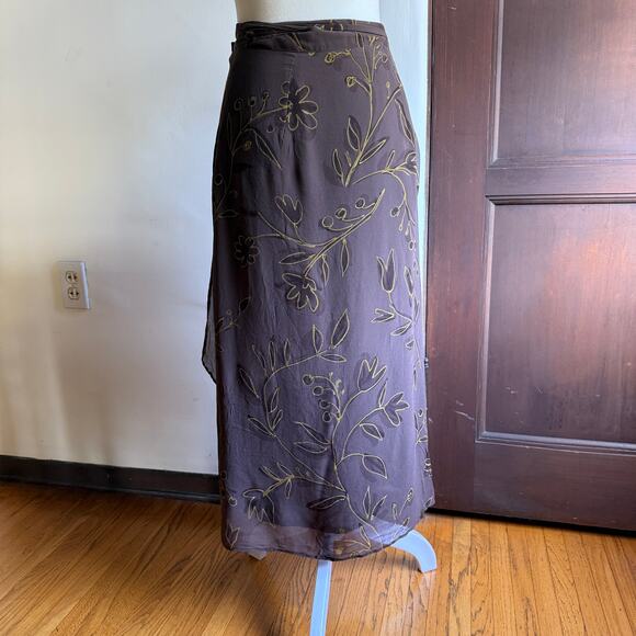 MAXMARA | 90s Vintage Brown Silk Hand Painted Floral Midi Wrap Skirt | Size 6 - Picture 3 of 6